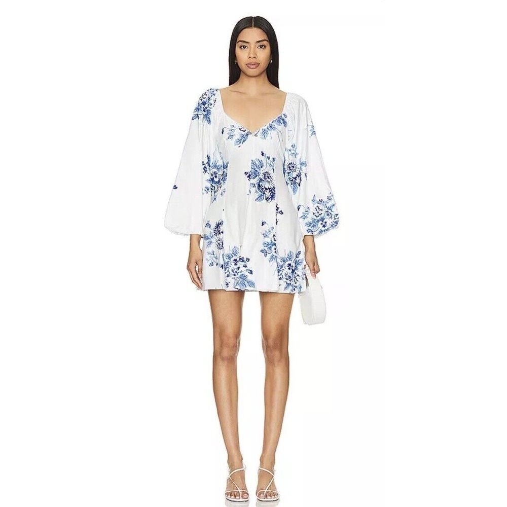 Free People Women's Large‎ Francesca Dress Bubble Sleeve Tonal Blue Boho Floral